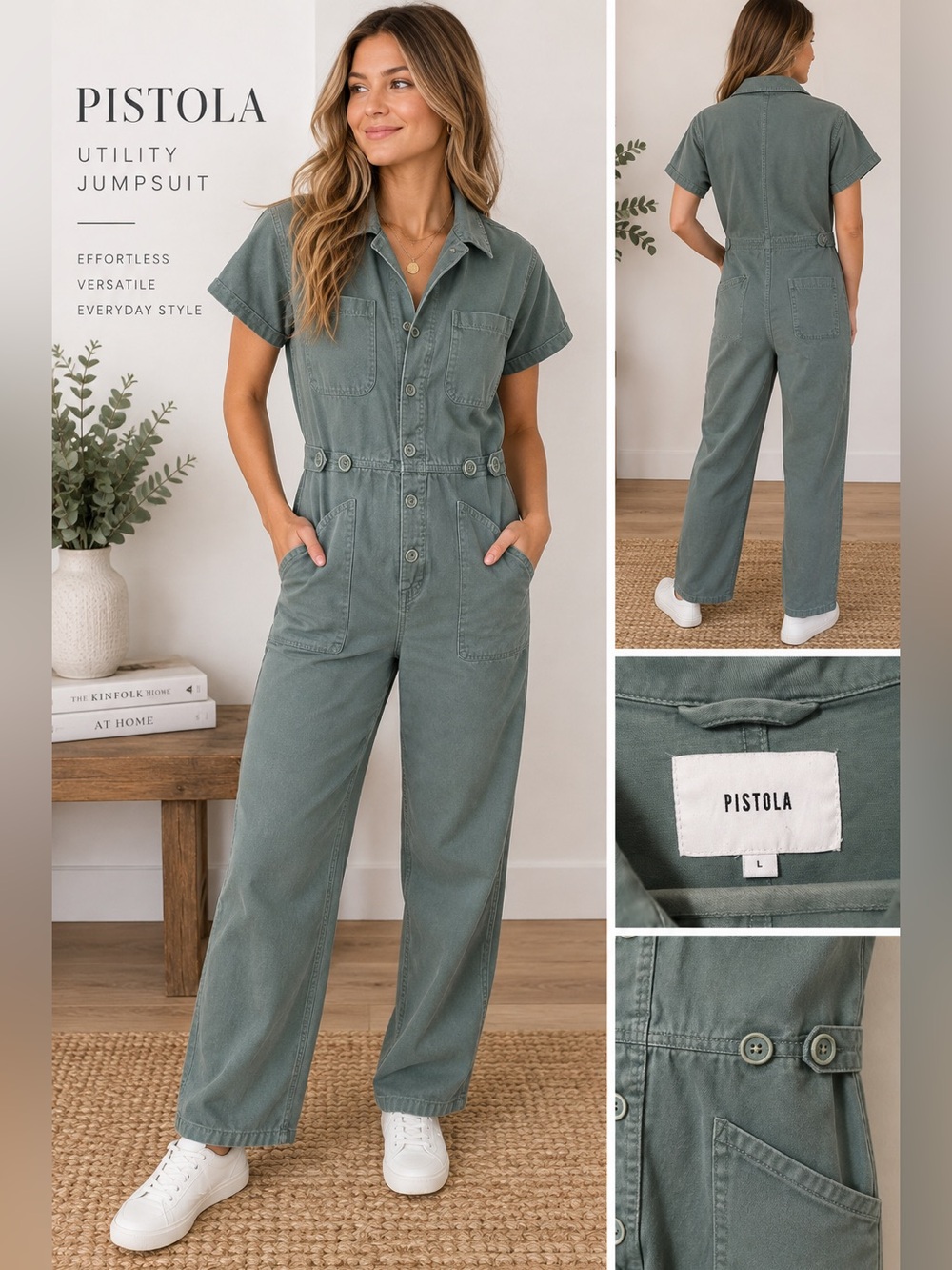 Pistola Utility Jumpsuit L Sage Green Short Sleeve Button Front Coveralls